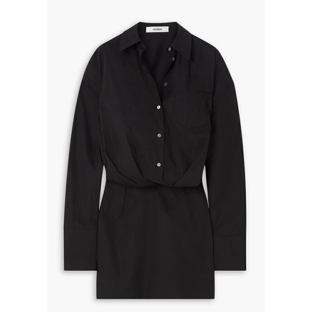 INTERIOR The Tutto draped cotton-poplin mini shirt dress in Black NWOT Size 10